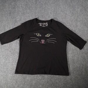 Coral Bay‎ Petite Black 3/4 Sleeve Rhinestone Cat Face Blouse Top PL